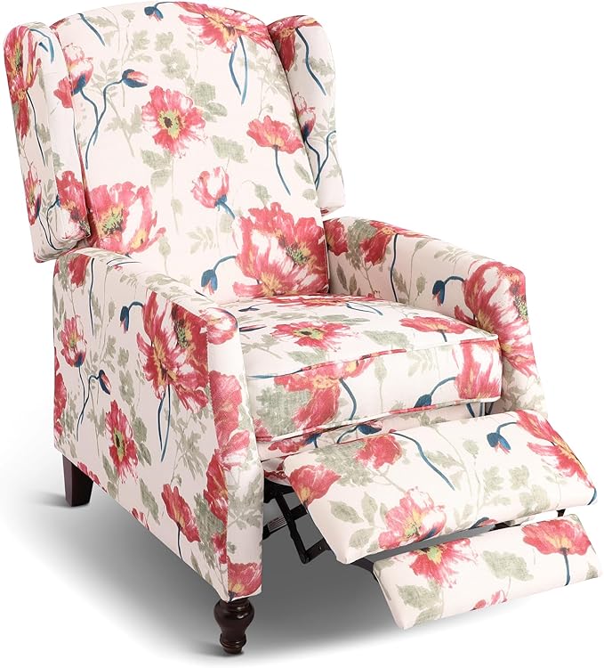 Upholstered Wingback Recliner Chair, Traditional Push Back Recliner Chair with Padded Seat, Fabric Floral Wingback Recliner with Wooden Legs, Small Recliners for Small Spaces