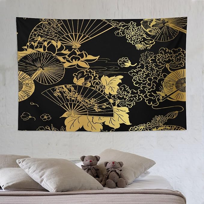 HZOHNAGO Japanese Tapestry Gold Flowers Umbrella Fan Pattern Printed Wall Tapestry Painting Wall Hanging for Bedroom Living Room Dorm 90" W x 60" H
