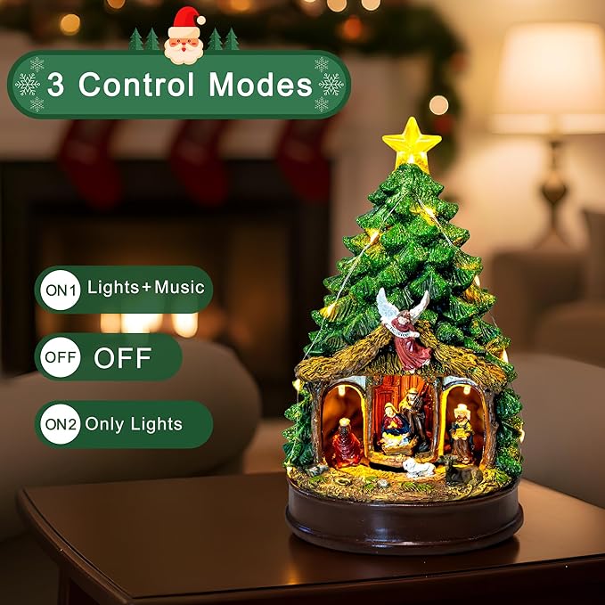 Christmas Tree Lighted and Animated Manger Nativity Scene, Musical Angel Family Figurines LED Light Play Silent Night Music, Ideal Xmas Decor Gifts and Tabletop Xmas Collection Decorations for Home