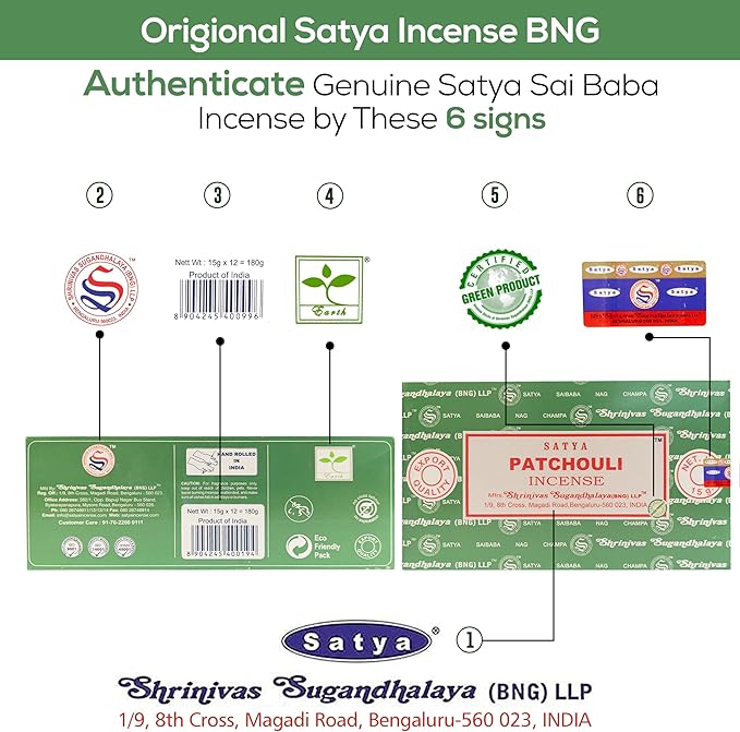 Satya Patchouli Incense Sticks, Satya Bng (Bangalore) Insenses 15gmx12 Pack with Raajsee Incense Holder Bundle, Satya Nagchampa Natural Incense