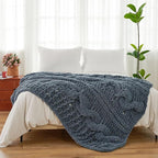 Esterra Chunky Knit Blanket Throw 50"x60", 100% Hand Knitted Chenille Throw Blanket, Cozy Soft Thick Cable Knit Throw Large Rope Knot Crochet Throw Blanket for Sofa Couch Bed, Blue Mirage