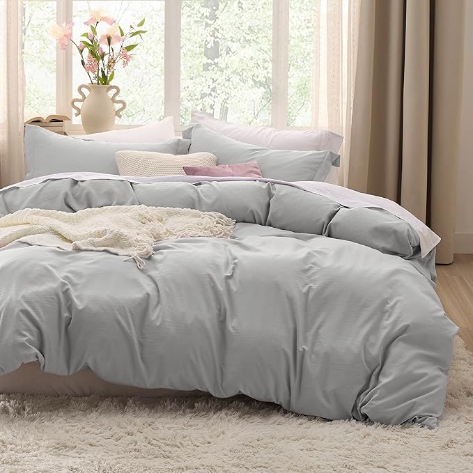 Bedsure Light Grey Oversized King Duvet Cover - 3 Pieces Prewashed Cotton-Like Extra Soft Bedding Set, Includes 1 Duvet Cover 120x98 Inches with Zipper Closure & 2 Pillow Shams, Comforter Not Included