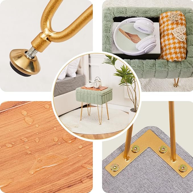 Wimarsbon Faux Mink Fur Storage Ottoman, Modern Soft Footstool, Storage Bench with Metal Legs, Vanity Seat, Fur Stool, Ottoman Coffee Table, Makeup Chair, Vanity Stools for Bedroom (Light Green)