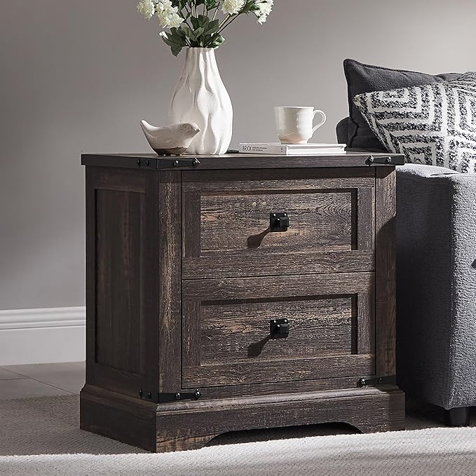 T4TREAM 24" Farmhouse Nightstand with Charging Station, Large End Table with 2 Storage Drawers, Rustic Wood Sofa Bedside Table for Bedroom, Dark Rustic Oak