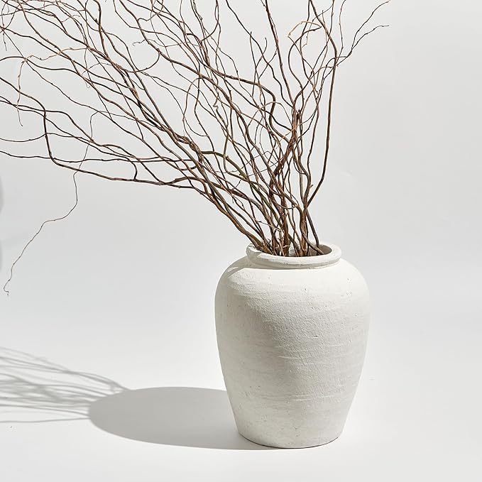 LB2 Large White Ceramic Vase, 11.8" Tall Zen Style Rustic vase, Terra Cotta Pitcher Vase, Distressed Farmhouse Decor, Pottery Decorative Flower for Home Decor (H 11.8" X 9.8")