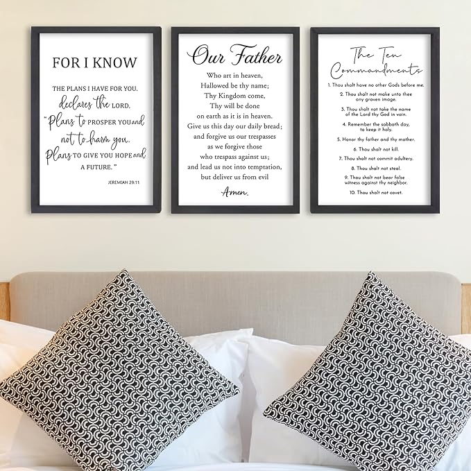 FZMHASLWW Bible Verse Scripture Wall Decor Art 16"×11" Inspirational Quotes Set of 3 Christian Sign Wood Framed Wall Hanging (Black