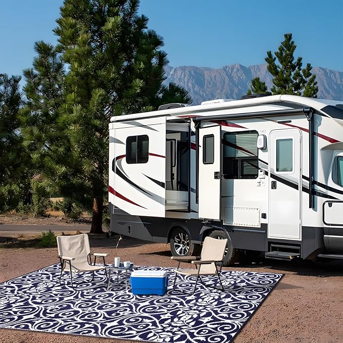 OLANLY Outdoor Rug Waterproof 6x9 ft Clearance, Reversible Outdoor Plastic Straw Rug with Floral Pattern, RV Mat for Patio, Camping, Balcony, Deck, Backyard, Navy & White