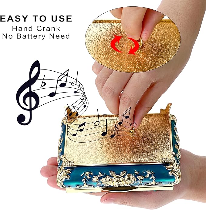 ELLDOO Vintage Music Box, Blue Metal Musical Jewelry Box Keepsake Box, Small Trinket Jewelry Storage Box Gift for Girl Women (Tune: You are My Sunshine)