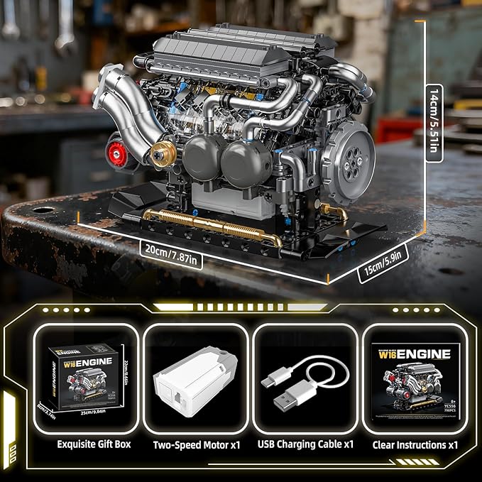 W16 Engine Building Blocks Set for Adults, STEM Mini 16-Cylinder Engine Model Kit That Runs, Compatible with Lego Car, DIY Physical Science Experiment Toy for Teens Kids Boys (801 PCS)
