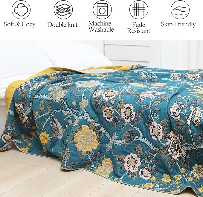 Snycler Boho Throw Blanket for Bed - 100% Cotton Ultra Soft Rustic Quilt Blanket Green Bird Floral Printed Farmhouse Decor Bed Blankets, 80"×90" All Season Rustic Throw for Sofa Couch Chair