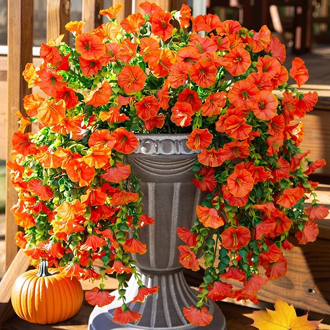 Ivydale 2 PCS Artificial Fall Hanging Flowers Fake Plants Outdoor,Silk Morning Glory Faux Flowers with Eucalyptus,UV Resistant Realistic Petunias Plants for Home Garden Decor (Orange(Leaves Green))