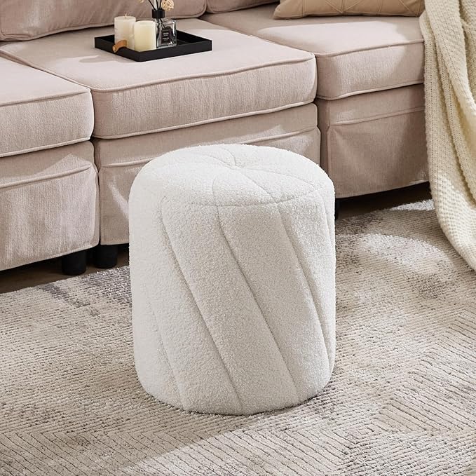 Modern Round Ottoman, Spiral-Tufted Foot Stool Ottoman, Teddy Fleece Upholstered Vanity Stool for Makeup, Bedroom, Living Room, White