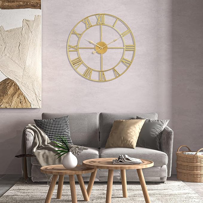 Vintage Retro Roman Numerals Metal Gold Large Wall Clock - 24 Inch Silent Non-Ticking Decorative, Battery Operated for Farmhouse, Kitchen, Bedroom