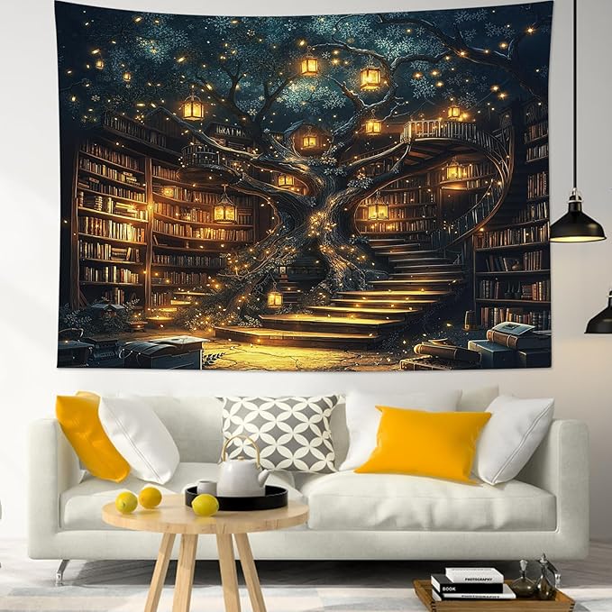 HVEST Fantasy Library Tapestry Fairytale Tree Vintage Bookshelf Tapestry for Bedroom Retro Bookshelf Book Wall Decor for Classroom Study Room College Room Dorm, 40L x 60W Inches
