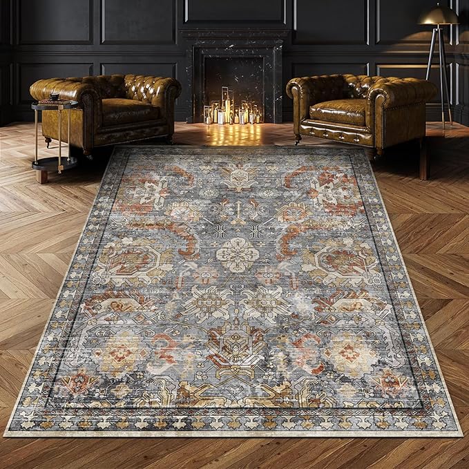 RUGSURE Washable Area Rugs - Perfect for Living Room, Bedroom, Kids Room, Nursery - Stain & Water Resistant Non-Slip, Pet & Child Friendly, Vintage Tribal Area Rugs (Turmeric and Grey, 5' x 7')