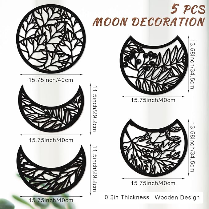 Jetec 5 Pcs Moon Phase Wall Art Decor Wall Pediments Hanging Wooden Moon Phase Spiritual Bedroom Nordic Boho Lunar Aesthetic Art for Living Room Dorm Apartment Bar Ornament(Dark Black,15.75 Inch)
