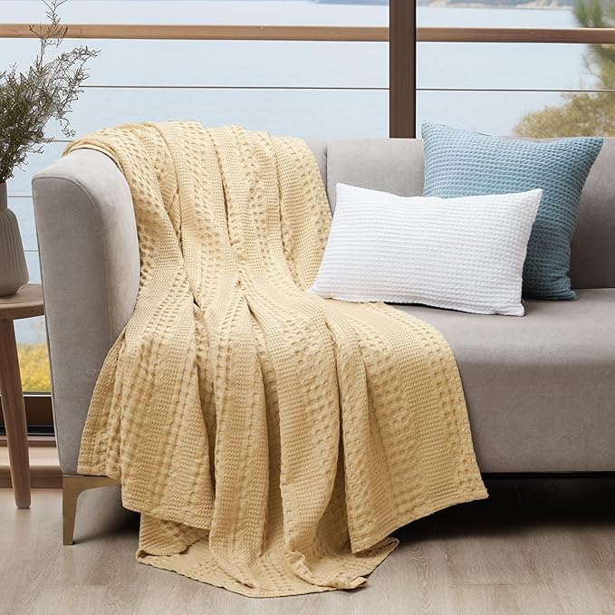 PHF Cooling Waffle Blanket Twin Size, Lightweight 60% Rayon Derived from Bamboo & 40% Cotton Breathable Blanket for Hot Sleepers, Soft and Luxury for Bed Couch and Sofa, 66"x90", Beige