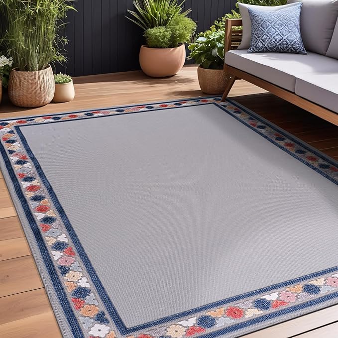 Beverly Rug Outdoor Rug 10x14 Modern Bordered Large Area Rugs for Indoor and Outdoor Patio Easy to Clean Non Shedding Living Room Porch Garden Washable Outside Carpet (10 x 14 Gray)