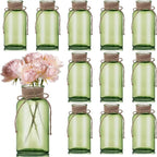 Green Glass Flower Vases for Centerpieces Set of 12, Mason Jars Boho Cylinder Bud Vases in Bulk, for Weddings Parties Vintage Home Decor