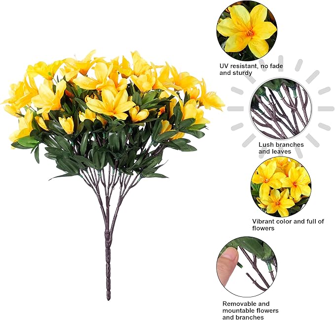 INSPRING Artificial Fall Flowers for Outdoors, 3 Bundles Fake Plants Silk Azalea Bouquet UV Resistant Realistic Faux Fall Flowers for Outdoor Planters Front Door Patio Garden Walkways Home, Yellow