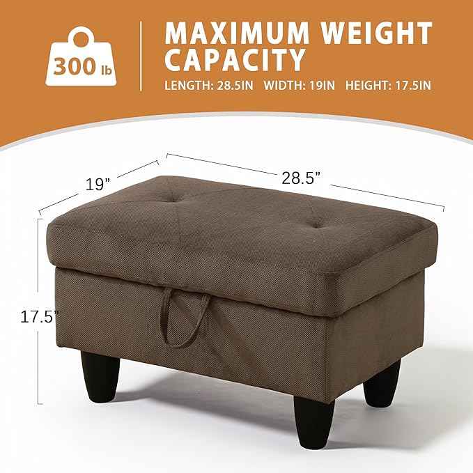 Ottoman Rectangular Storage Ottoman Bench, Flannel Footrest Stool Footstool with Lid for Living Room, Bedroom, Entryway, Dark Brown, 28.5"x19"x17.5"