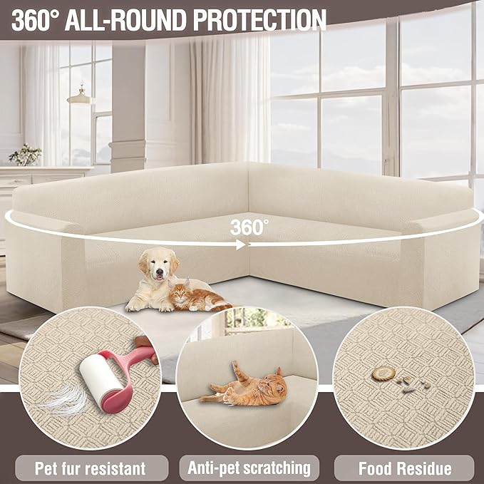 HDCAXKJ Sectional Couch Cover L Shape Stretch Sofa Covers Washable Jacquard Corner Couch Slipcover Non Slip Sectional Slip Cover U Shaped Furniture Protector for Pets Dogs (Light Beige, Medium)