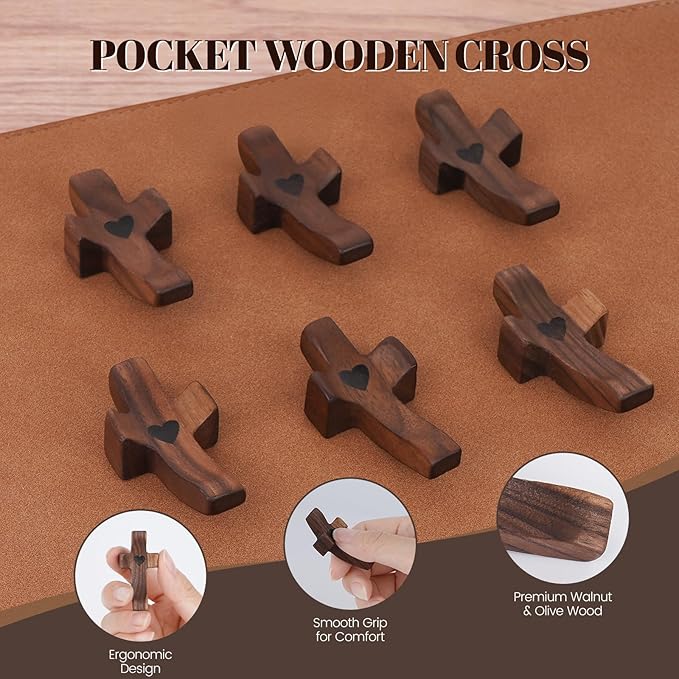 Yaoerlingiiu 8PCs Wooden Fidget Cross My Heart -StressRelief Prayer Cross Christian Encouragement Gift ChristmasGift for Adults/ Handheld Fidget Faith & AnxietySmall Wooden Croses for pocket prayers Prayer rosfor Hand Wall Crosses( Walnut Wood )