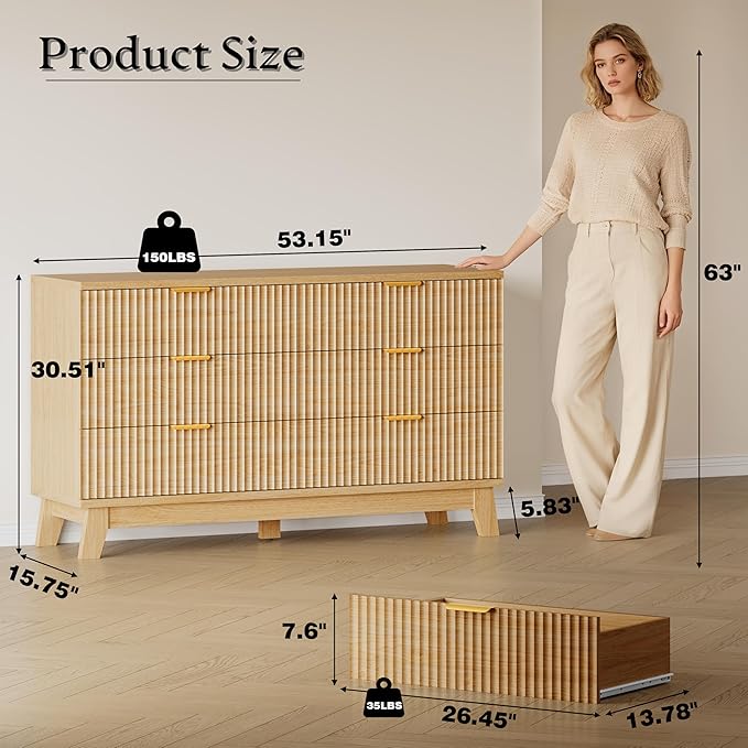 53" Long Dresser for Bedroom, 6-Drawer Dresser with Fluted Fronts, Wide Wood Chest of Drawers, Smooth Metal Slides, Stable Base, Modern Clothes Storage Cabinet for Living Room, Hallway