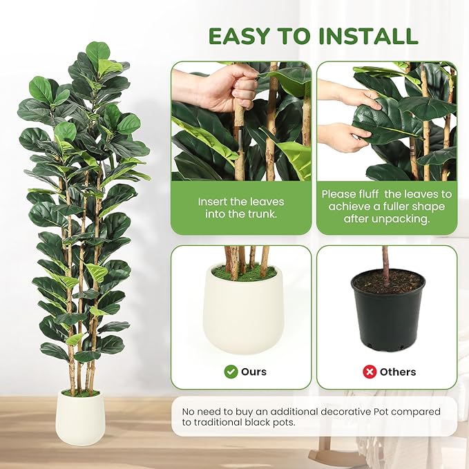 GarveeHome 7 ft Faux Fiddle Leaf Fig Tree with White Pot, Faux Trees with Artificial Plants 107 Fiddle Leaves Greenery - Lifelike Fake Tree for Home Office Store Room Decor Indoor Outdoor