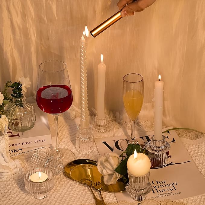 Candlestick Holders Set of 6, Ribbed Glass Taper Candle Holders, Reversible Clear Tealight & Candle Stick Candle Holder Vintage Crystal Tealight Candle Holder for Wedding Dinner Party