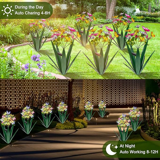 Homight Solar Metal Agave Butterfly Flower Stick Garden Sculpture - Outdoor Gift, Christmas Lights, Swaying Butterfly Sunflower Lights - Solar Outdoor (2 pcs Green)