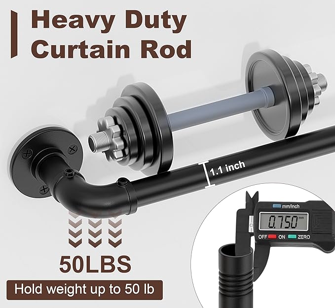 Black Industrial Curtain Rods for Windows 48 to 84, Wrap Around Blackout 1 Inch Heavy Duty Curtain Rods,Rustic Pipe Adjustable Drapery Pole 36-72 Inch