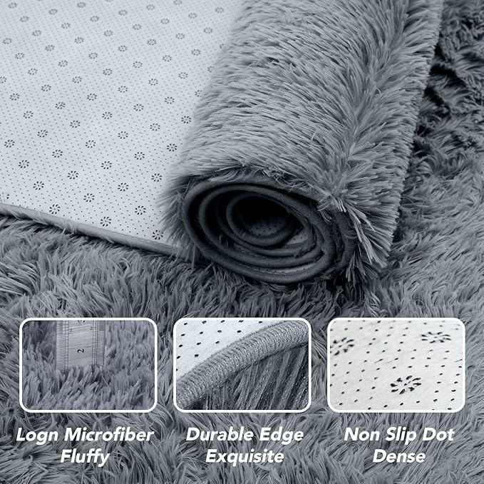 Shag Rugs 8x10 Living Room: Shag Area Rug for Bedroom - Gray Large Fluffy Soft Carpet (Grey, 8x10 Feet)…