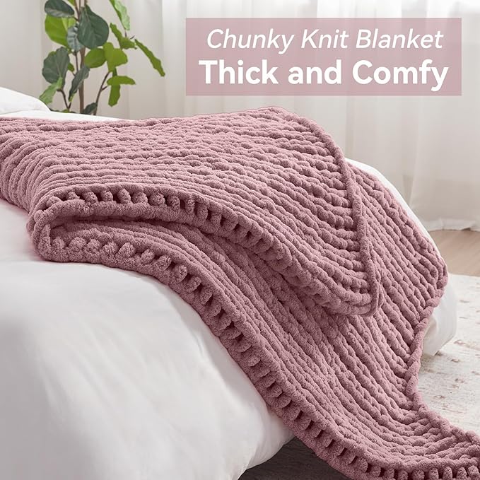Chunky Knit Throw Blanket, 40''*50'' Knitted Throw Chenille Yarn for Bed Couch, Handmade Muted Pink Crochet Big Thick Blanket, Machine Washable Cute Comfy Blanket for Home Decor