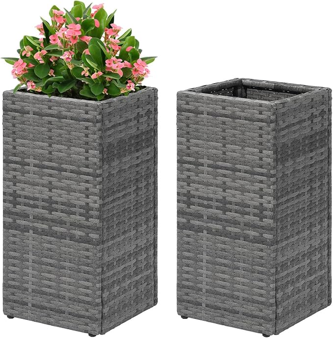 LEWIS&WAYNE Set of 2 Tall Planters for Outdoor Plants Handmade 24'' Wicker Tall Square Planter Box with Removable Liners Modern Planter for Indoor Outdoor Garden Patio Front Porch - Gray