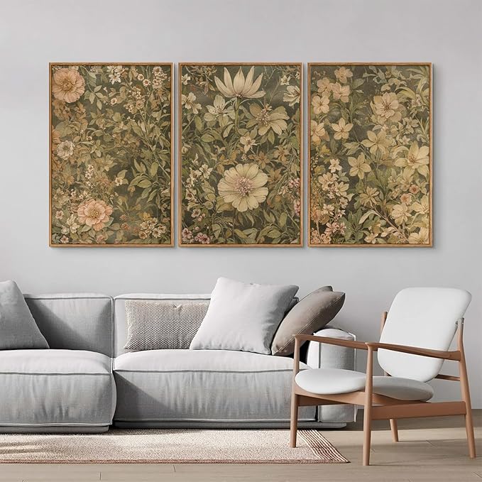 SIGNINART Vintage Floral Framed Canvas Wall Art Set of 3, Mid Century Modern Flowers Wall Decor, Neutral Botanical Artwork, Retro Wildflower Art Prints for Bedroom, Living Room, Office 24"x36"x3