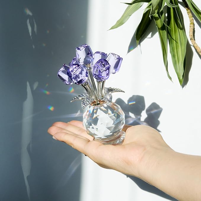 Crystal Purple Rose Figurines Crystal Rose Flowers Gifts for Women Glass Flower Ornament for Christmas
