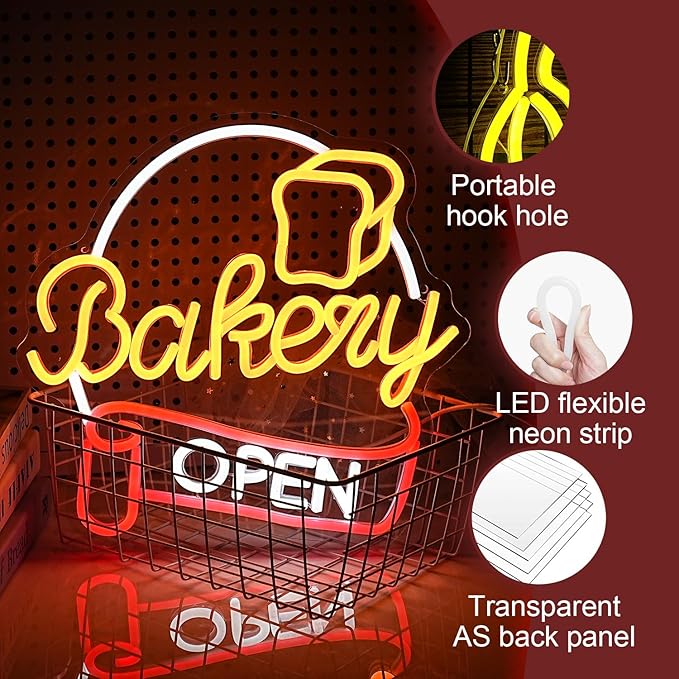 Dimmable Bakery Open Neon Sign USB Open Light Up Sign for Wall Decor Brighter LED Bakery Open Neon Light for Bakery Cake Shop Dessert House Business Decor(12.8 * 12.8 In)