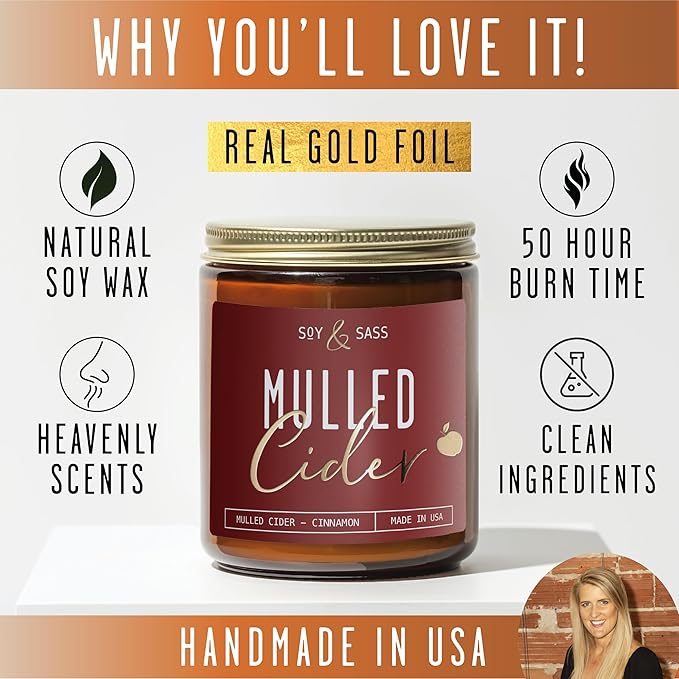 Mulled Cider Candle, Fall Candles I Apple Cider Candle w/Cinnamon & Nutmeg - Infused w/Essential Oils I Mulled Cider Fall Scented Candles (Soy) for Home I 9oz Reusable Jar I 50Hr Burn I Made in USA