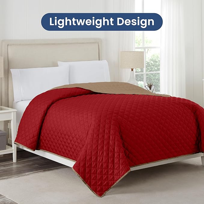 Martex Reversible Coverlet – Full Queen Size Quilt - Lightweight Full Size Bedding– Durable Queen Size Quilts for Bed – Soft - Easy Care Bedding – Khaki/Red