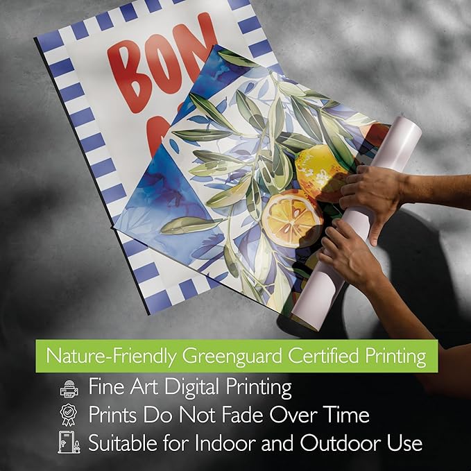 Kitchen Wall Decor Framed Wall Art Prints Set of 10 Natural Oak, Framed Food Prints, Pasta & Lemon Wall Art for Dining Room or Kitchen Decoration, Blue & Yellow Artwork with Mediterranean Decor