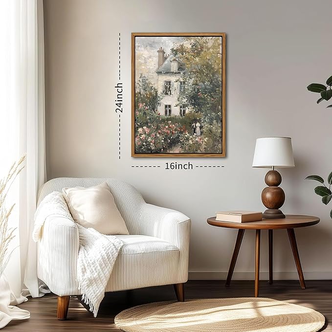 Floating Framed Canvas Vintage Wall Art, Neutral English Cottage Rose Garden Oil Paintings Print, Spring Pictures Wall Decor for Living Room Hallway Bedroom Office Rustic Decor 16x24 inch