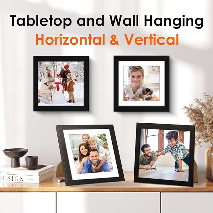 FIXSMITH 8x8 Picture Frames Set of 4, Photo Frame with HD Plexiglass, Display Pictures 6x6 with Mat or 8x8 Without Mat Multi Picture Frames Collage for Tabletop or Wall Display, Black