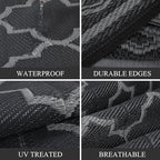 GAOMON Outdoor Rug 9'x12' Waterproof Rug for Patio Decor, Foldable Reversible Plastic Straw Area Rugs Mat for Camper, Outside Carpet for Deck, Porch, Picnic, Beach, Black/Grey(Geometric)