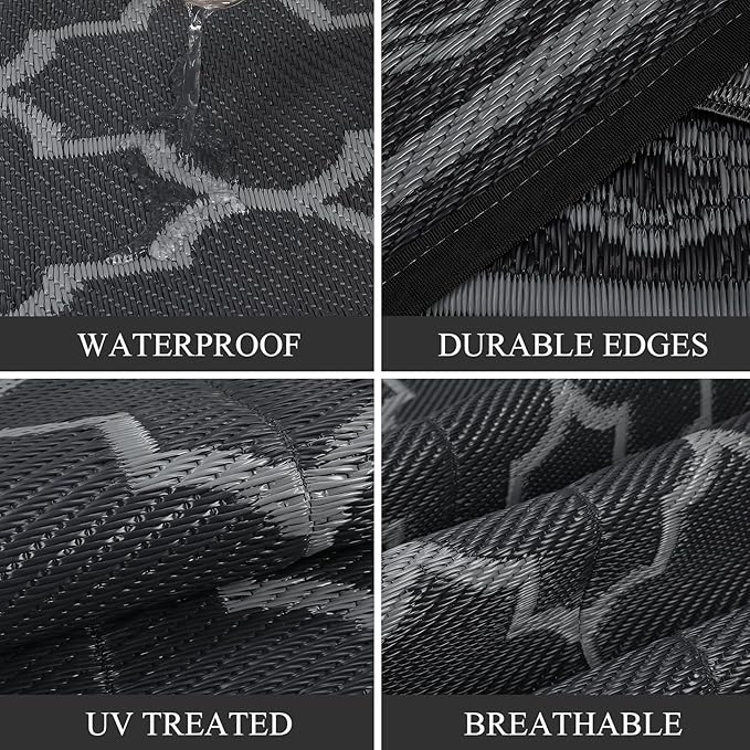GAOMON Outdoor Rug Waterproof 8'x10', Reversible Outdoor Plastic Straw Rug, Boho Patio Rug, Indoor Outdoor Carpet, RV Mat Outside for Patio, Camp, Picnic, Balcony, Deck, Black/Grey(Geometric)