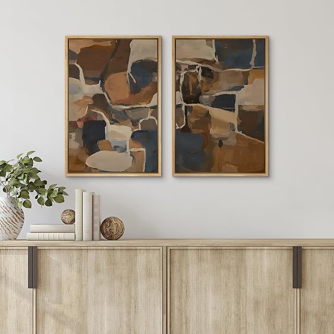 SIGNFORD Framed Canvas Print Wall Art Set Earthy Tones Abstract Layers Modern Brown and Blue Color Block Illustrations Modern Art Decorative for Living Room, Bedroom, Office - 16"x24"x2 Natural