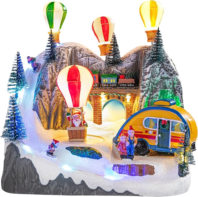 Christmas Village Collectible Buildings Christmas Village Houses Hot Air Balloon with LED Lights Musical USB Indoor Display Figurines Xmas Decoration
