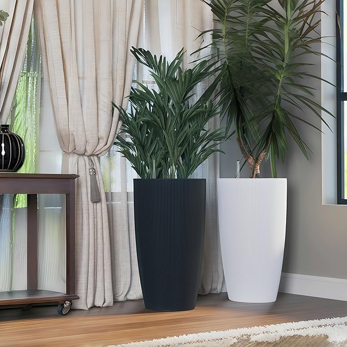 2Pack 22" High Modern Plant Pots Planter-Self-Watering Indoor/Outdoor Planting with Drain Holes, Water Level Monitor, Inner Bucket for Front Porch Patio, Brown Rattan Conical