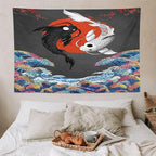 Houselerax Japanese Koi Fish Tapestries, Yin Yang Big Wave Cherry Blossom Tapestry Wall Hanging for Bedroom Living Room Office Decor 90"x60"