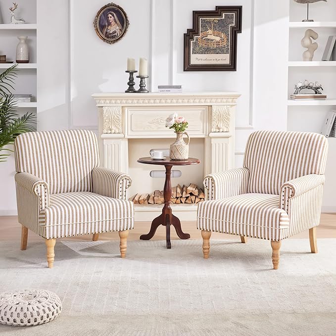 HUIMO Linen Fabric Accent Chairs Set of 2, Mid-Century Modern Armchair with Solid Wood Legs, Single Sofa Chair,Upholstered Reading Club Chair (2, Brown and White Stripe)